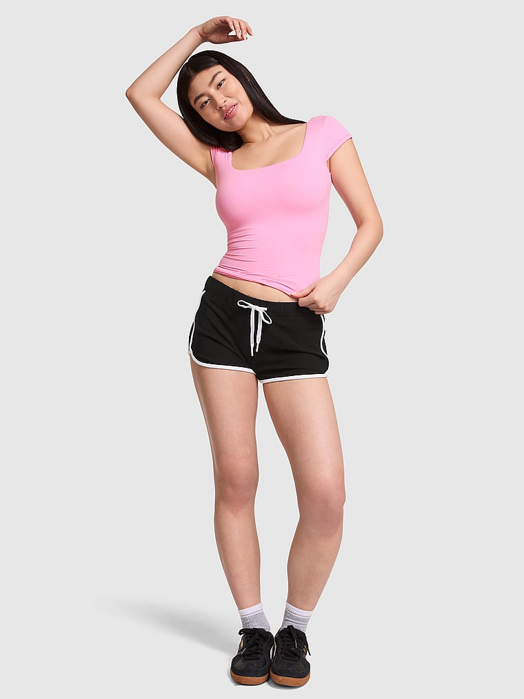 PINK Soft Modal Micro Shorts, Pure Black, onModelFront, 1 of 4 Gloria is 5'9" and wears Small