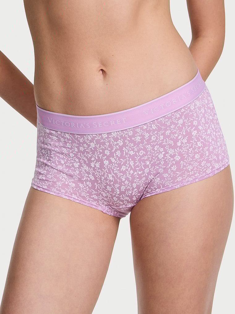 Victoria's Secret, Cotton Logo Cotton Shine Patch Boyshort Panty, Light Lilac Scattered Floral, onModelFront, 1 of 3 Kennidy is 5'11" or 180cm and wears Small