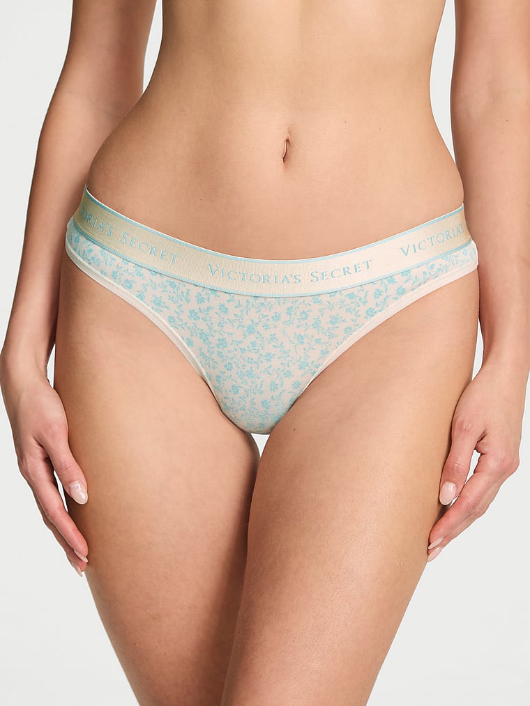 Victoria's Secret, Cotton Logo Cotton Thong Panty, Blue Scattered Floral, onModelFront, 2 of 3 Ari is 5'9" and wears Small