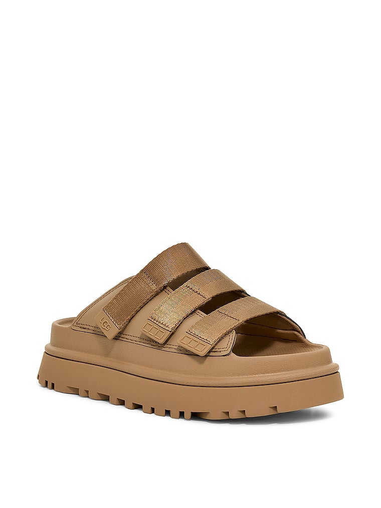 UGG® GoldenGlow Slides, Dark Sand, onModelBack, 2 of 4