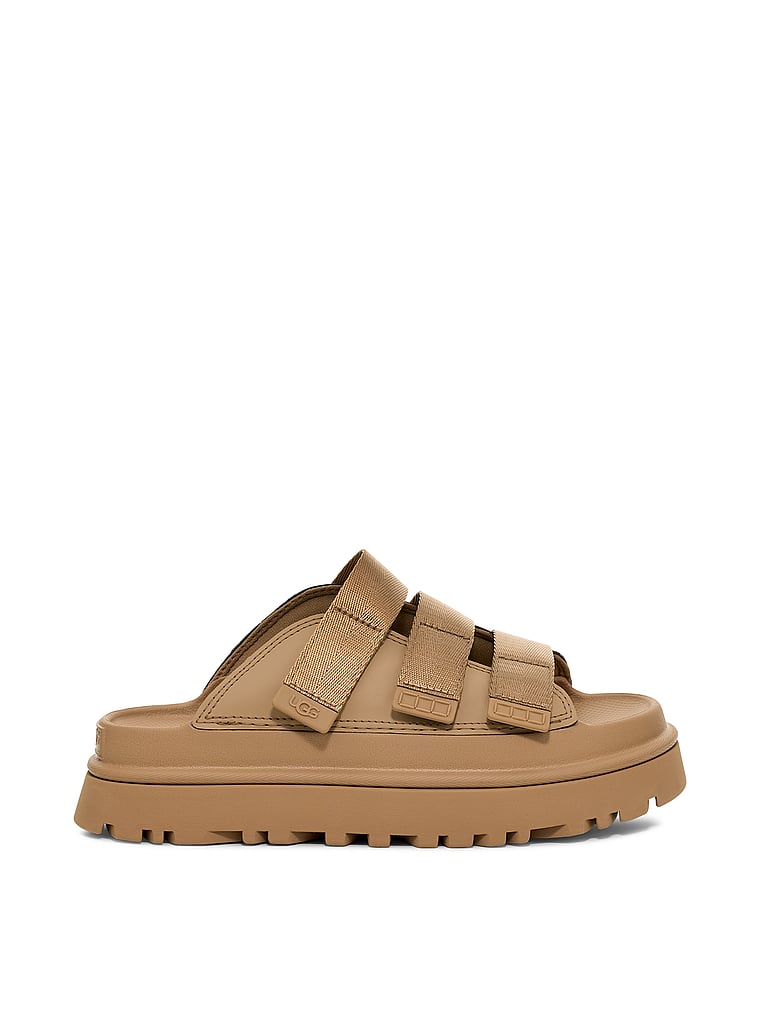 UGG® GoldenGlow Slides, Dark Sand, onModelFront, 1 of 4