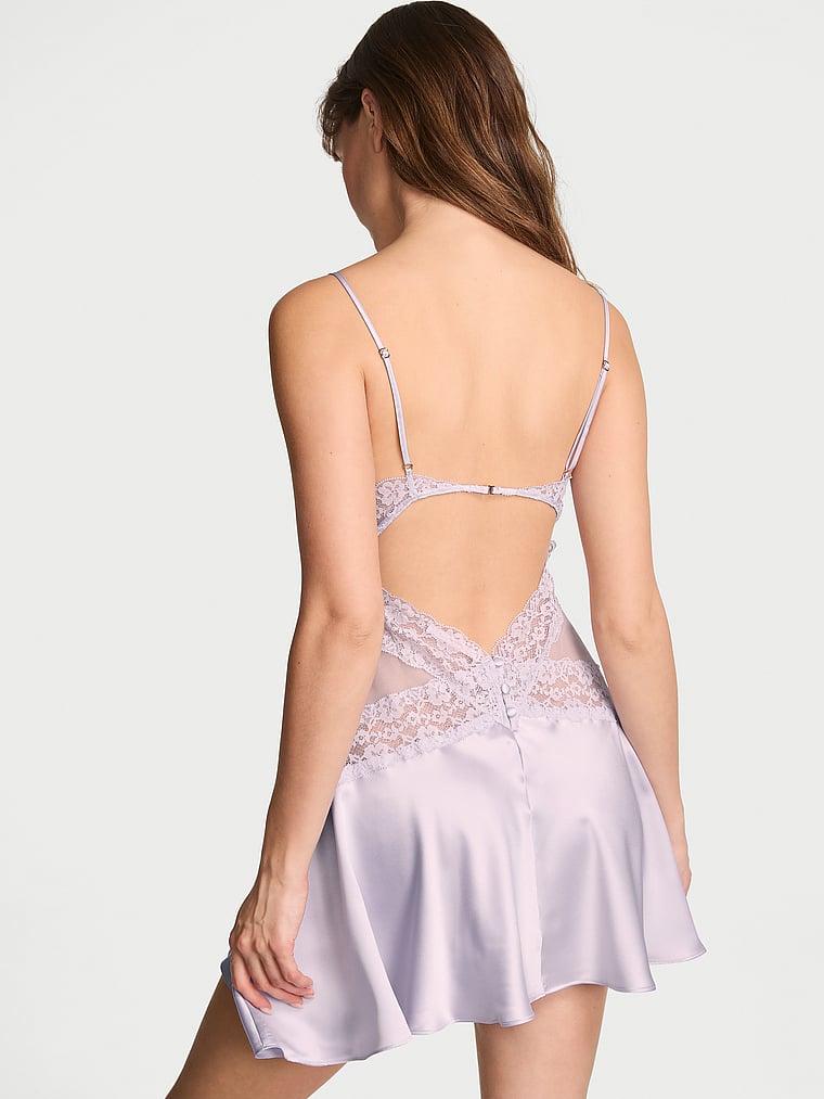 Victoria's Secret, Dream Angels Dare to Dream Lace & Satin Flounce Slip Dress, onModelBack, 2 of 3