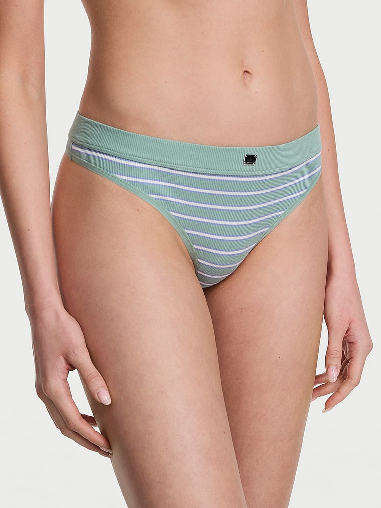 Victoria's Secret, Cotton Logo Rib Cotton Hardware Thong Panty, Seasalt Green Stripe, onModelFront, 1 of 2 Kennidy is 5'11" or 180cm and wears Small