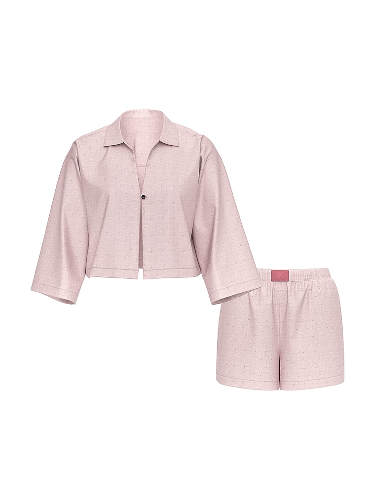 Victoria's Secret, Victoria's Secret Modal-Cotton 3/4-Sleeve Flyaway Shirt & Short Pajama Set, Nostalgia Rose Herringbone, offModelFront, 3 of 3