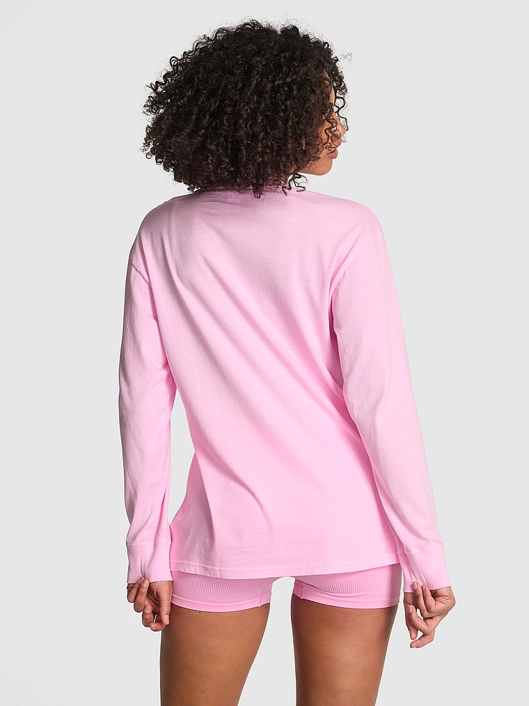 PINK Campus Cotton Long-Sleeve Tee, Pink Lollipop, onModelBack, 2 of 3 Vanessa is 5'10" and wears Small