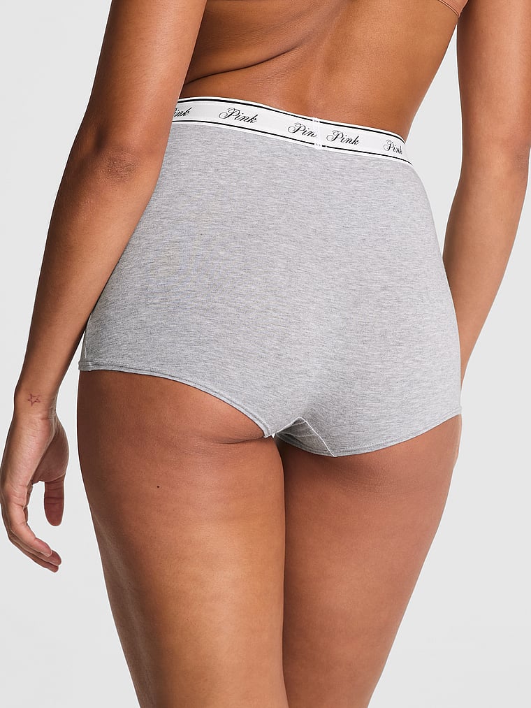 PINK Logo Cotton High-Waist Boyshort Panty, Medium Heather Grey, onModelBack, 2 of 4 Vanessa is 5'10" and wears Small