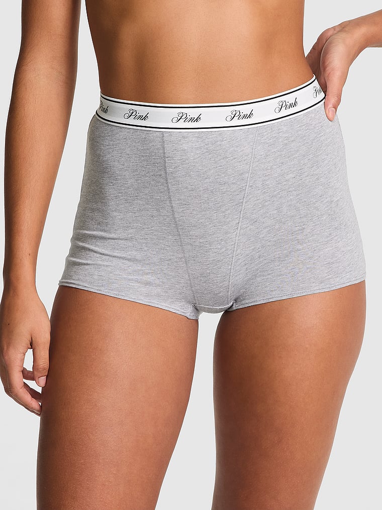 PINK Logo Cotton High-Waist Boyshort Panty, Medium Heather Grey, onModelFront, 1 of 4 Vanessa is 5'10" and wears Small