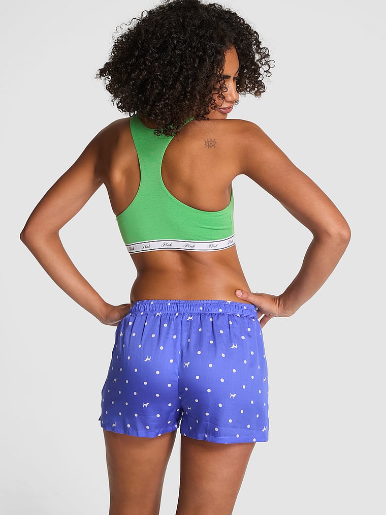 PINK Silky Sleep Shine Boxy Pajama Shorts, Dot & Dog Medium Blue, onModelBack, 2 of 3 Vanessa is 5'10" and wears Small