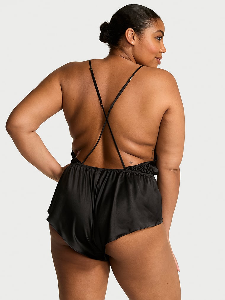 Victoria's Secret, Victoria's Secret Satin Flutter Romper, Black, onModelBack, 2 of 3 Brianna is 5'10" and wears Extra Large