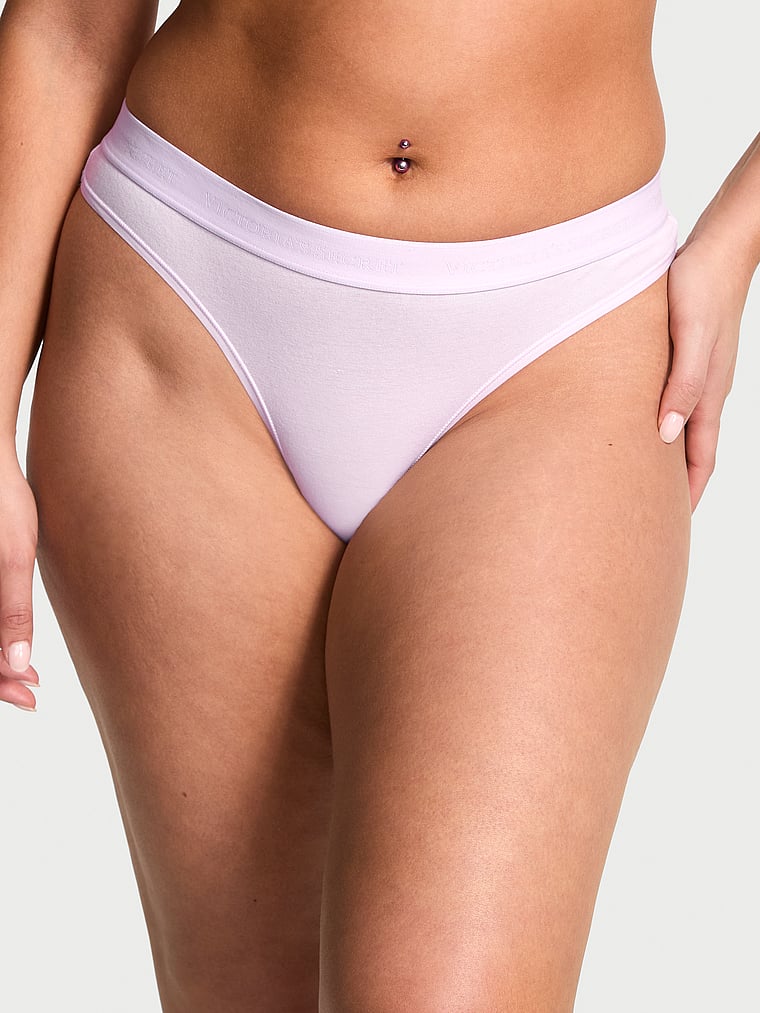Victoria's Secret, Cotton Logo Rib Cotton Hardware Thong Panty, Delicate Violet, onModelFront, 1 of 3 Lorena is 5'9" and wears Large