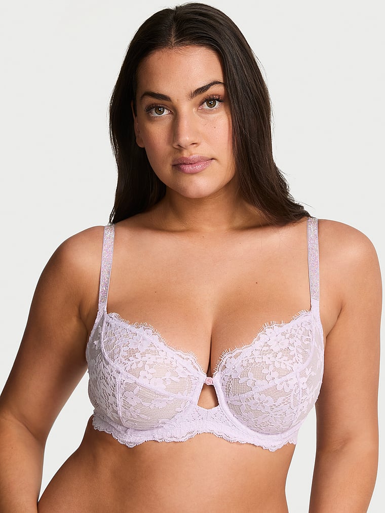 Victoria's Secret, Dream Angels The Fabulous by Victoria's Secret Twinkle Lace Full-Cup Bra, Feather Lilac, onModelFront, 1 of 3 Lorena is 5'9" and wears 34DD (E) or Large