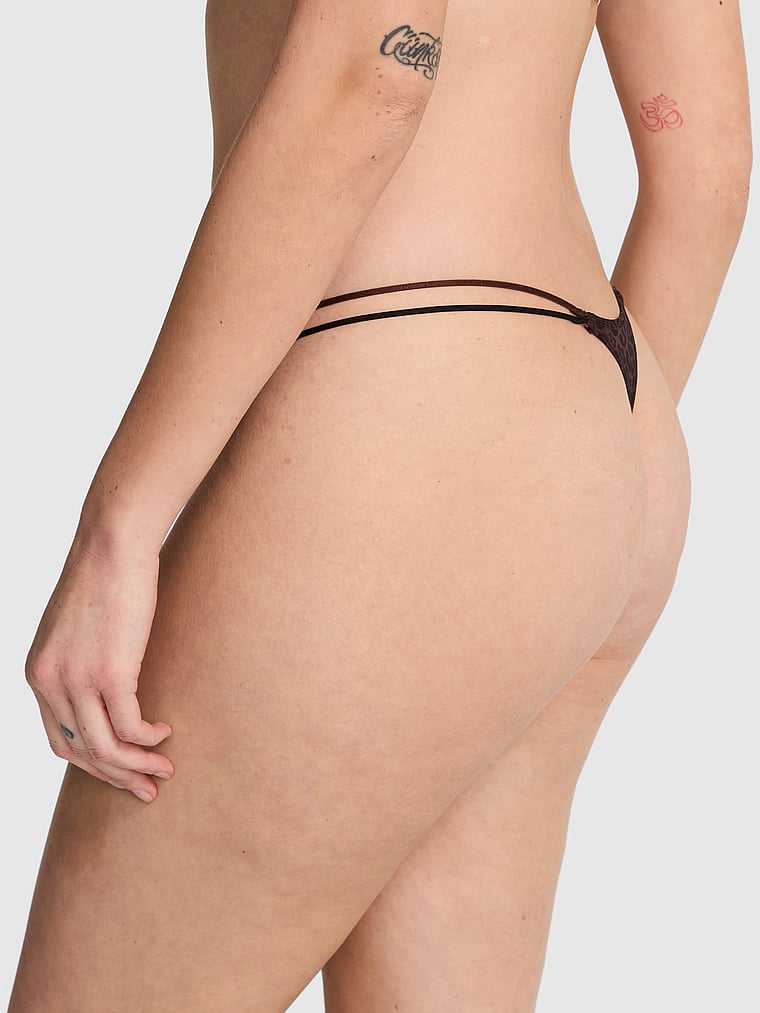 PINK Logo Mesh Strappy Micro Thong Panty, Ganache Leopard Print, onModelBack, 2 of 3