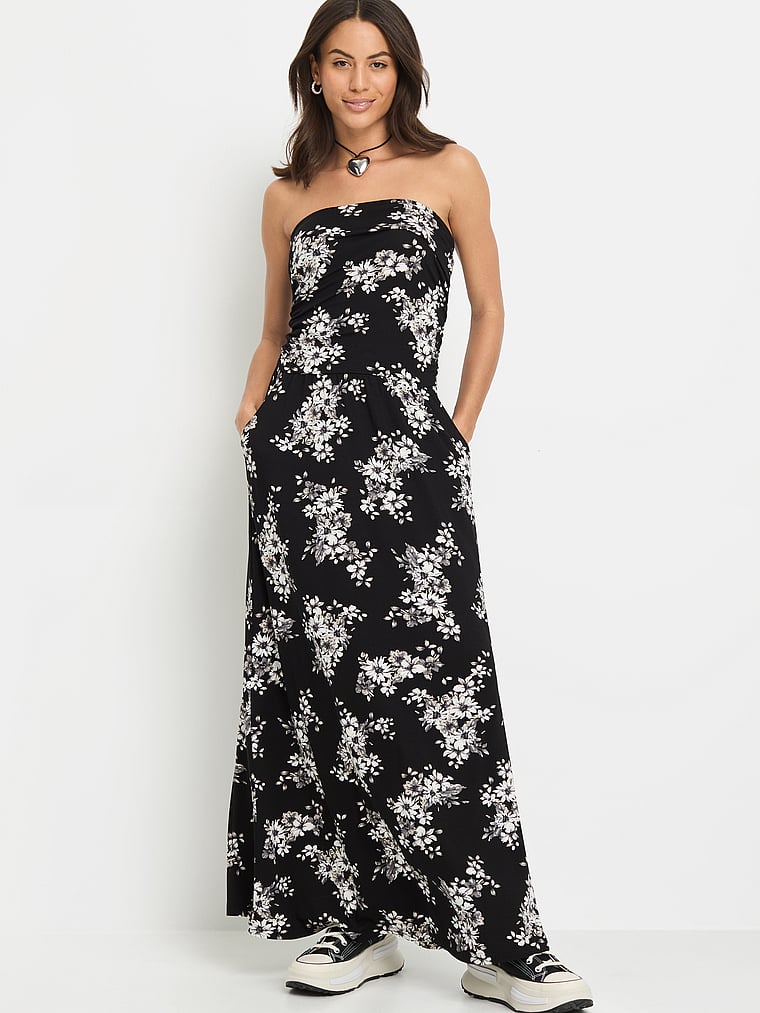 Victoria's Secret, Lascana Strapless Maxi Dress, Black & White Floral, onModelFront, 1 of 3