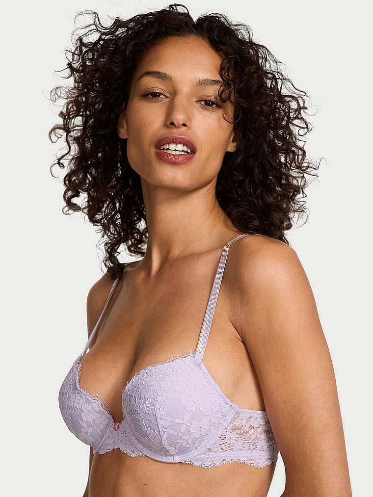 Victoria's Secret, Dream Angels Twinkle Lace Push-Up Bra, Feather Lilac, onModelFront, 1 of 5 Nikita is 5'10" or 178cm and wears 34B or Small