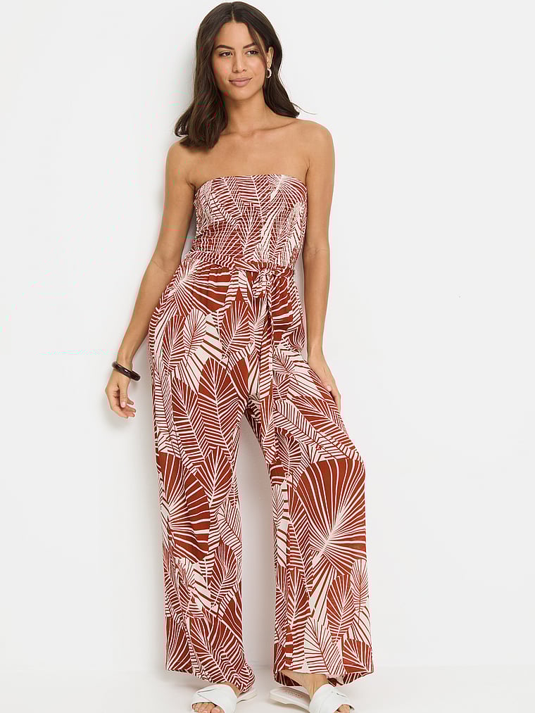 Victoria's Secret, Lascana Palm Print Strapless Jumpsuit, Terra Palm Print, onModelFront, 1 of 3