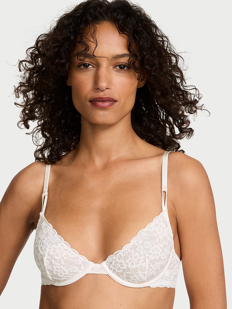 Victoria's Secret, Victoria's Secret Sexy Tee Lacie Lace-Up Unlined Demi Bra, Coconut White, onModelFront, 1 of 3 Nikita  is 5'10" and wears 34B or Small