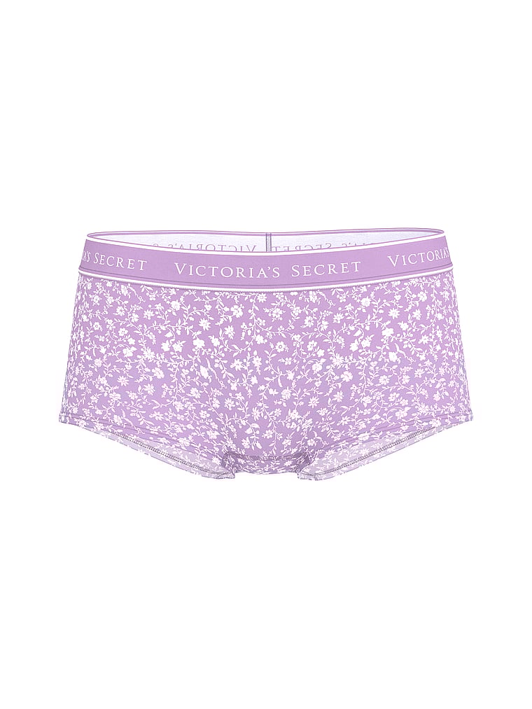 Victoria's Secret, Cotton Logo Cotton Shine Patch Boyshort Panty, Light Lilac Scattered Floral, offModelFront, 3 of 3