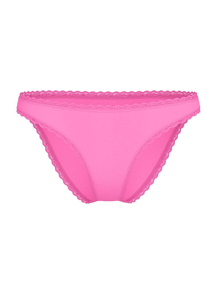 Victoria's Secret, Lace Trim Cotton Lace-Waist Bikini Panty, Ultra Pink, offModelFront, 3 of 3