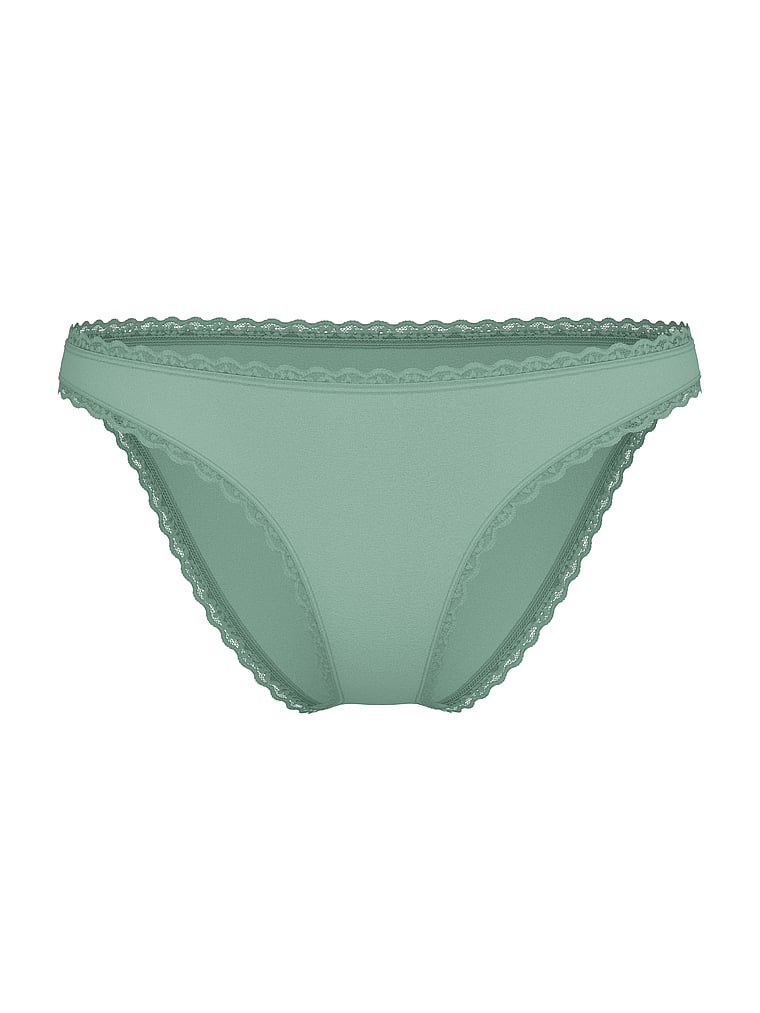 Victoria's Secret, Lace Trim Cotton Pointelle Lace-Waist Bikini, Seasalt Green, offModelFront, 3 of 3