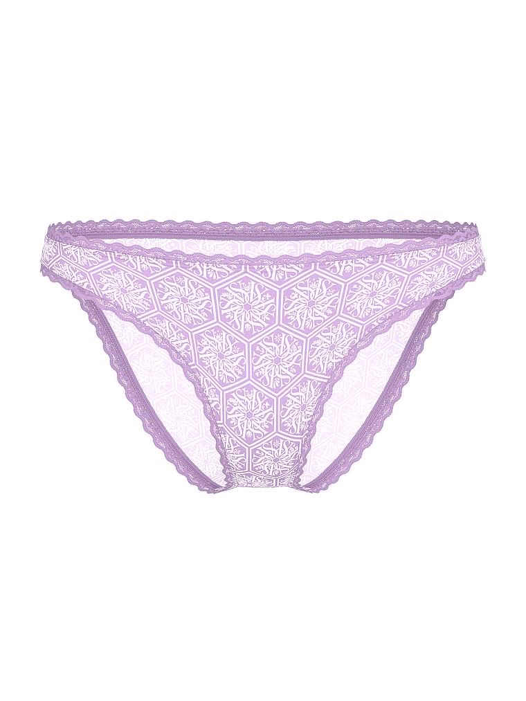 Victoria's Secret, Lace Trim Cotton Pointelle Lace-Waist Bikini, Light Lilac Logo Tiles, offModelFront, 3 of 3