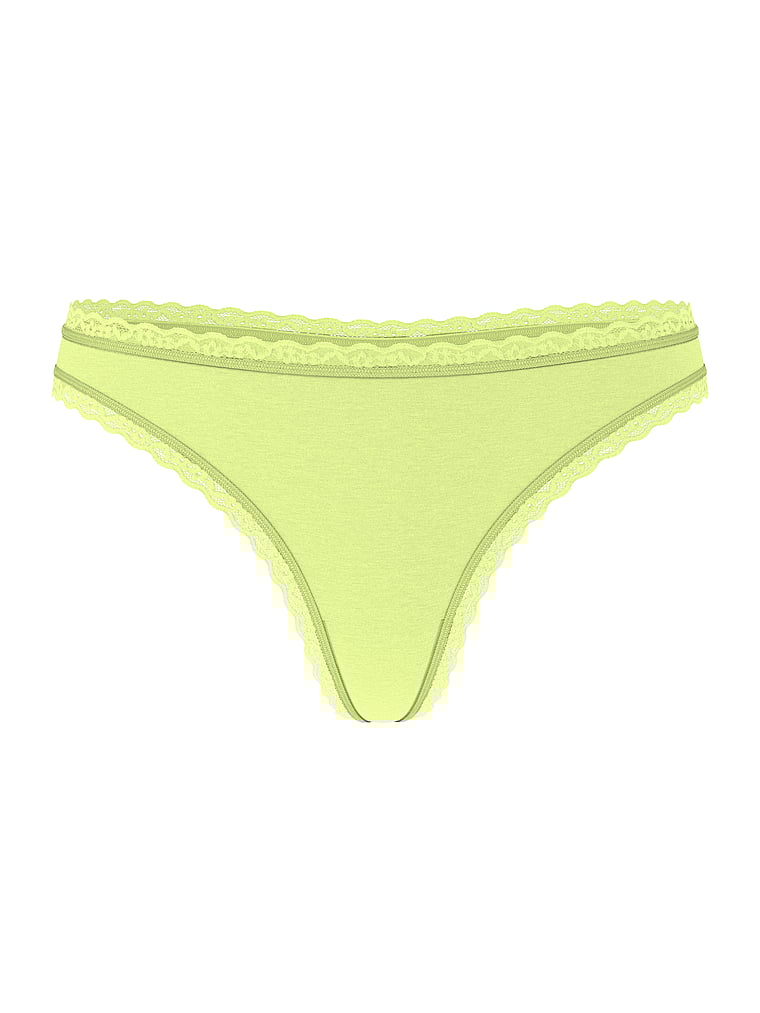 Victoria's Secret, Lace Trim Lace-Waist Cotton Thong Panty, Sparkling Lime, offModelFront, 3 of 3