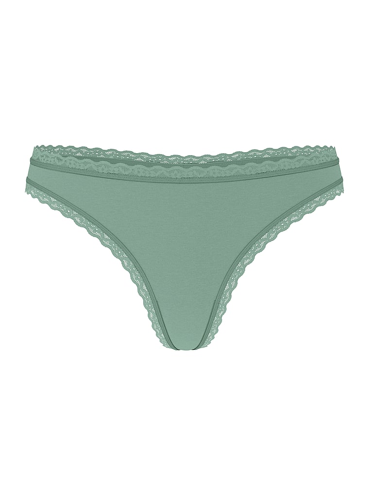 Victoria's Secret, Lace Trim Cotton Lace-Waist Thong, Seasalt Green, offModelFront, 3 of 3