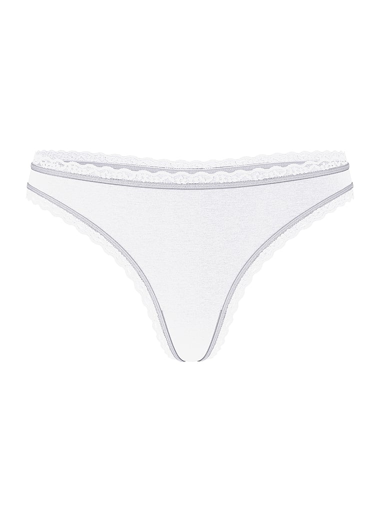 Victoria's Secret, Lace Trim Cotton Lace-Trim Sparkle Thong Panty, VS White, offModelFront, 3 of 3