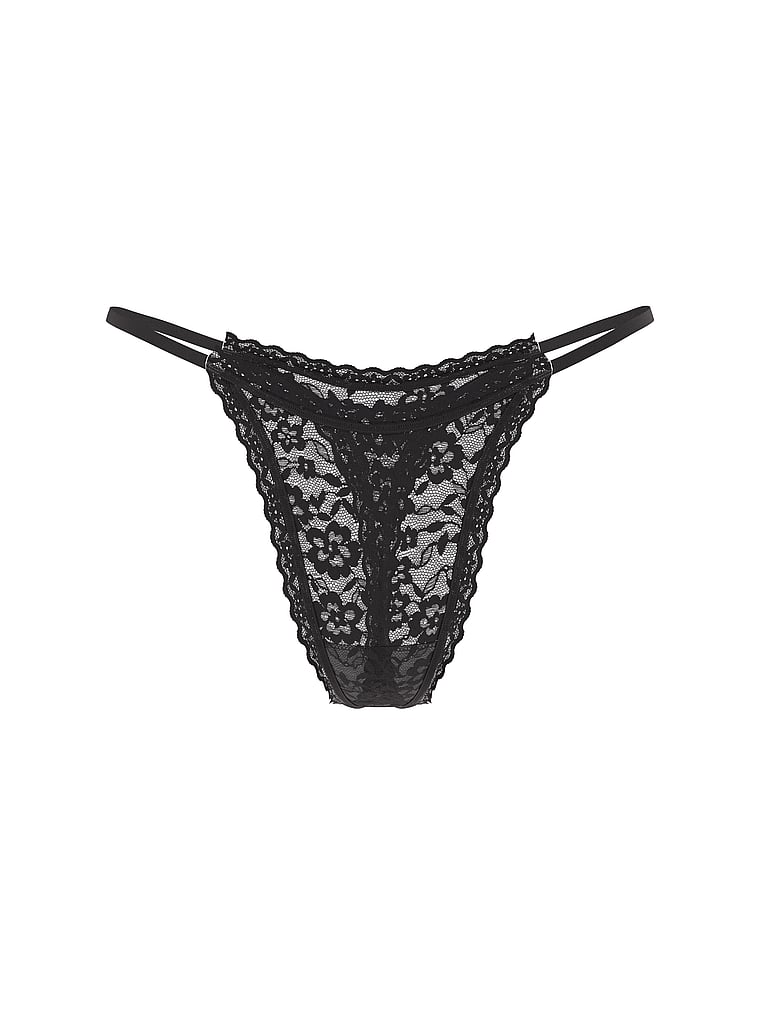 Victoria's Secret, The Lacie Bow Lace Mesh String Thong Panty, Black, offModelFront, 3 of 4