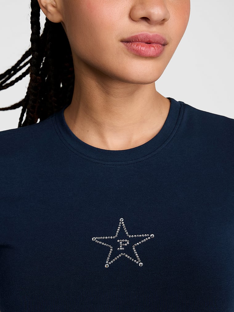 PINK Cotton Baby Tee, Noir Navy Western Bling, onModelBack, 2 of 5 Yoly  is 5'8" and wears Small