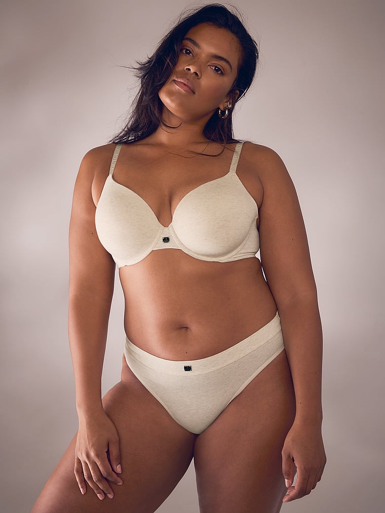 Victoria's Secret, Cotton Logo Cotton Thong Panty, Heather Natural, onModelSide, 3 of 4