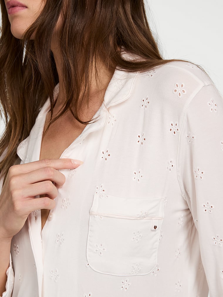 Victoria's Secret, Victoria's Secret Modal Soft Eyelet Button-Front Sleepshirt, Coconut White, detail, 3 of 4 Kennidy is 5'11" and wears Small