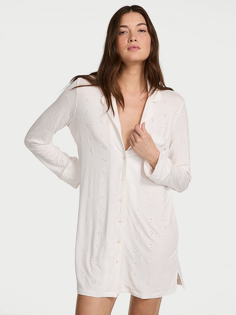 Victoria's Secret, Victoria's Secret Modal Soft Eyelet Button-Front Sleepshirt, Coconut White, onModelFront, 1 of 4 Kennidy is 5'11" and wears Small