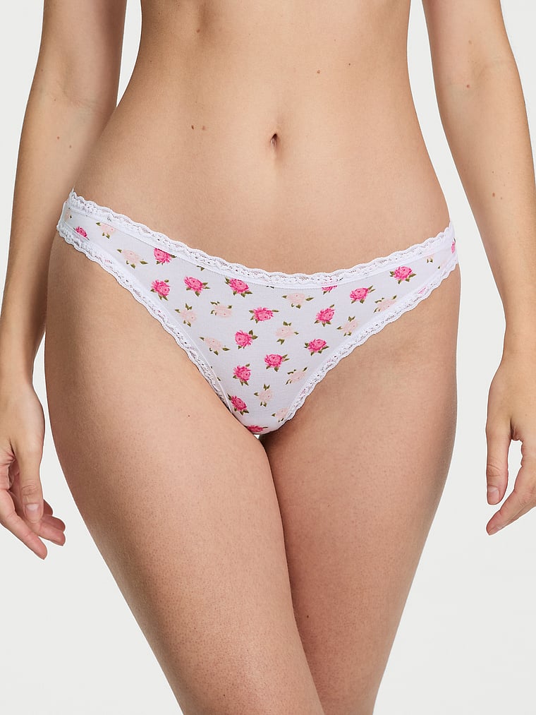 Cotton Pointelle Lace-Waist Thong