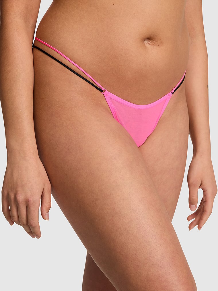 PINK Logo Cotton String Micro Thong Panty, Radiant Rose, onModelFront, 1 of 3 Isabella is 5'9" or 175cm and wears Medium