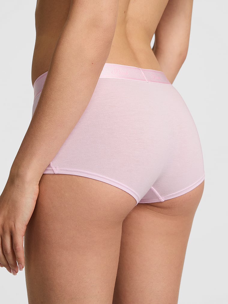 PINK Logo Cotton Boyshort Panty, Pink Tulip, onModelBack, 2 of 3 Scarlett is 5'11" and wears Small