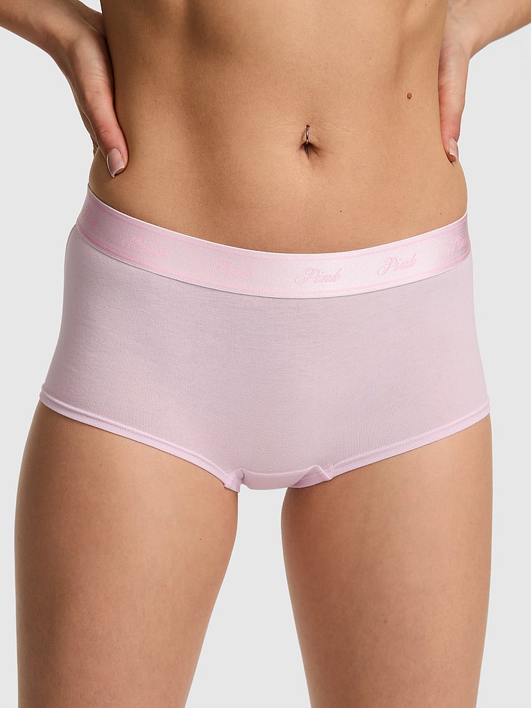 PINK Logo Cotton Boyshort Panty, Pink Tulip, onModelFront, 1 of 3 Scarlett is 5'11" and wears Small