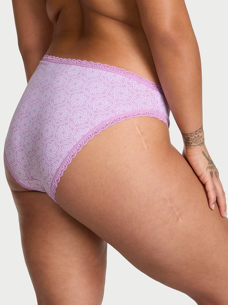 Victoria's Secret, Lace Trim Cotton Pointelle Lace-Waist Bikini, Light Lilac Logo Tiles, onModelBack, 2 of 3 Maia is 5'9" and wears Small