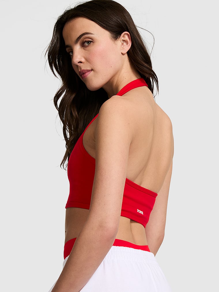 PINK All-Day Cotton Halter Sports Bra, Red Pepper, onModelBack, 2 of 4 Scarlett is 5'11" or 180cm and wears 34B or Small