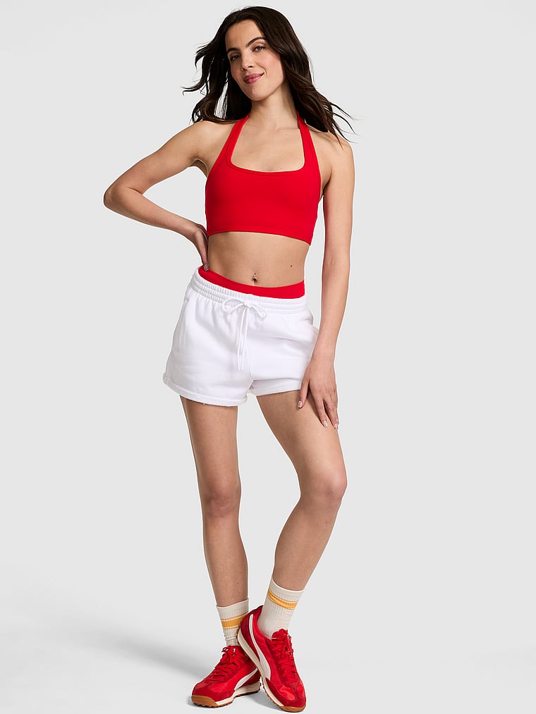 PINK All-Day Cotton Halter Sports Bra, Red Pepper, onModelFront, 1 of 4 Scarlett is 5'11" or 180cm and wears 34B or Small