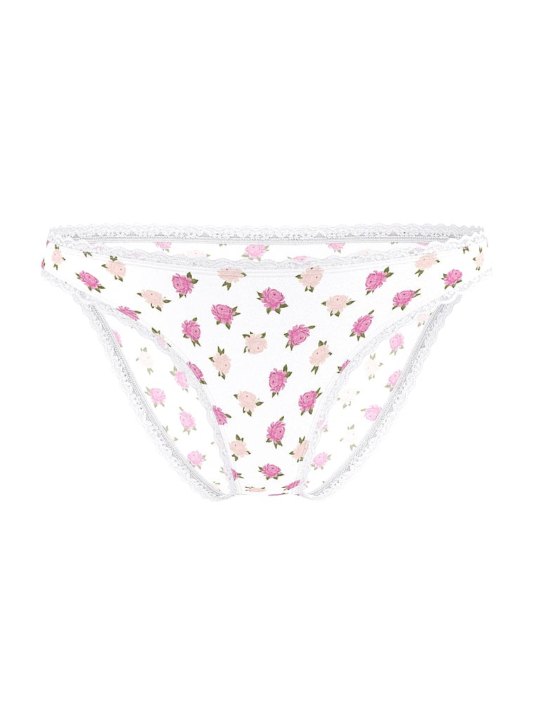 Victoria's Secret, Lace Trim Cotton Shadow Stripe Lace-Waist Bikini Panty, White & Pink Peonies, offModelFront, 3 of 3