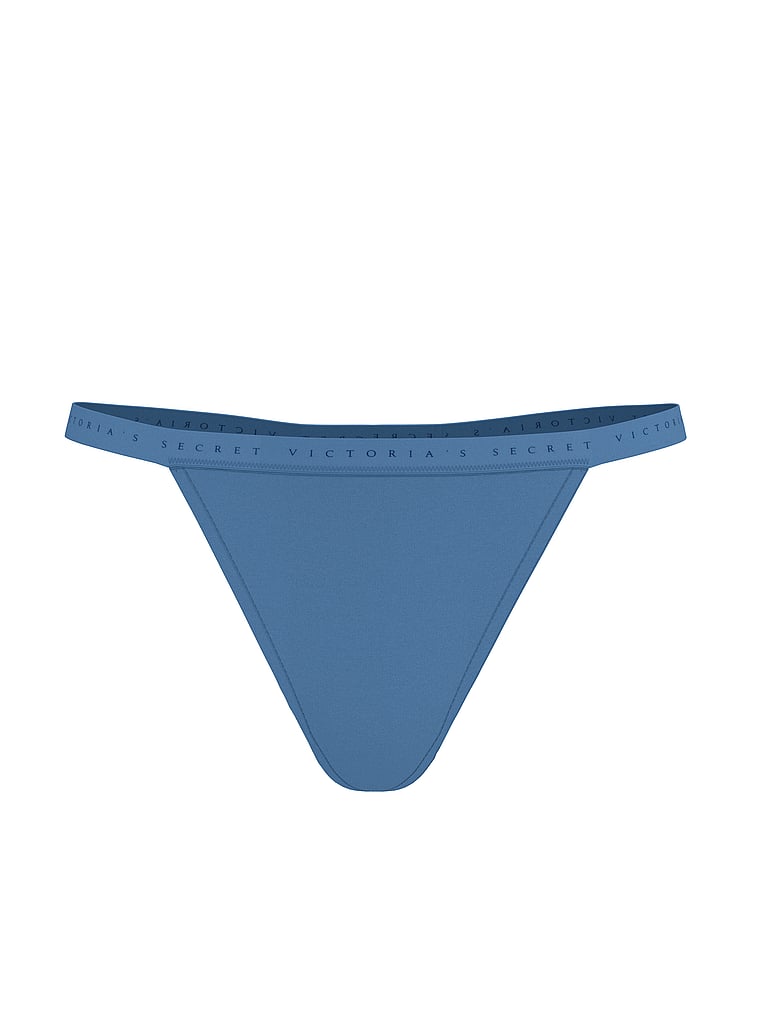 Victoria's Secret, Victoria's Secret Cotton Pointelle Floral Lace-Trim V-String Panty, Moonlight Blue, offModelFront, 3 of 3