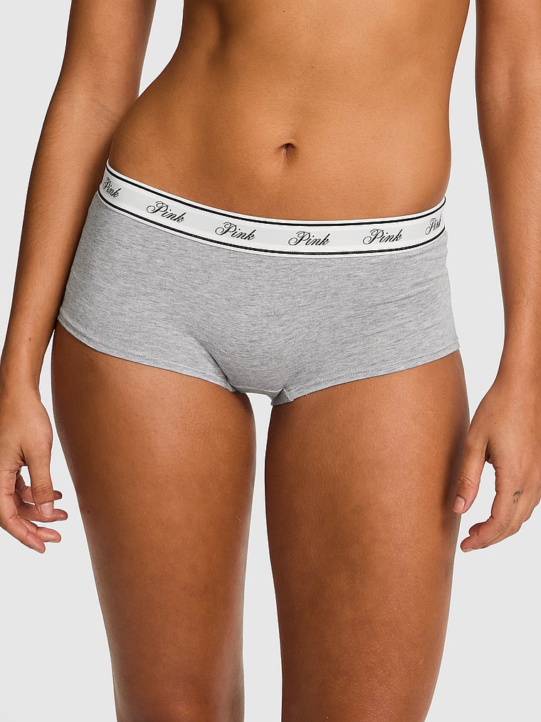 PINK Logo Cotton Boyshort Panty, Medium Heather Grey, onModelFront, 1 of 3 Vanessa is 5'10" and wears Small