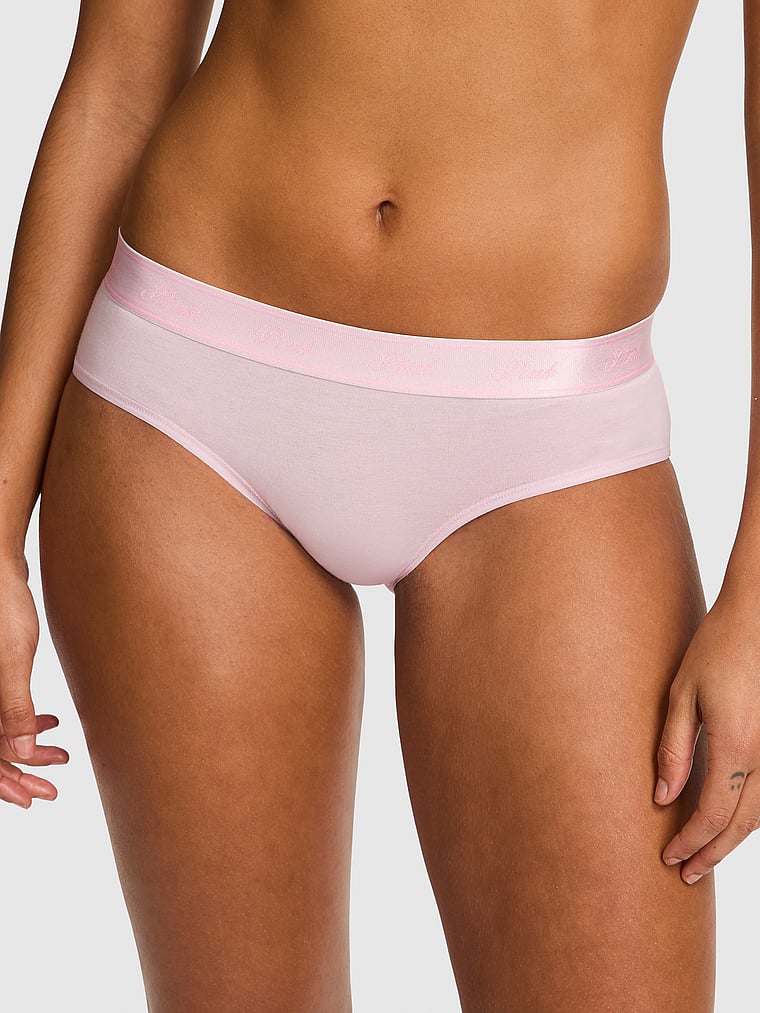 PINK Logo Cotton Hiphugger Panty, Pink Tulip, onModelFront, 1 of 3 Vanessa is 5'10" and wears Small