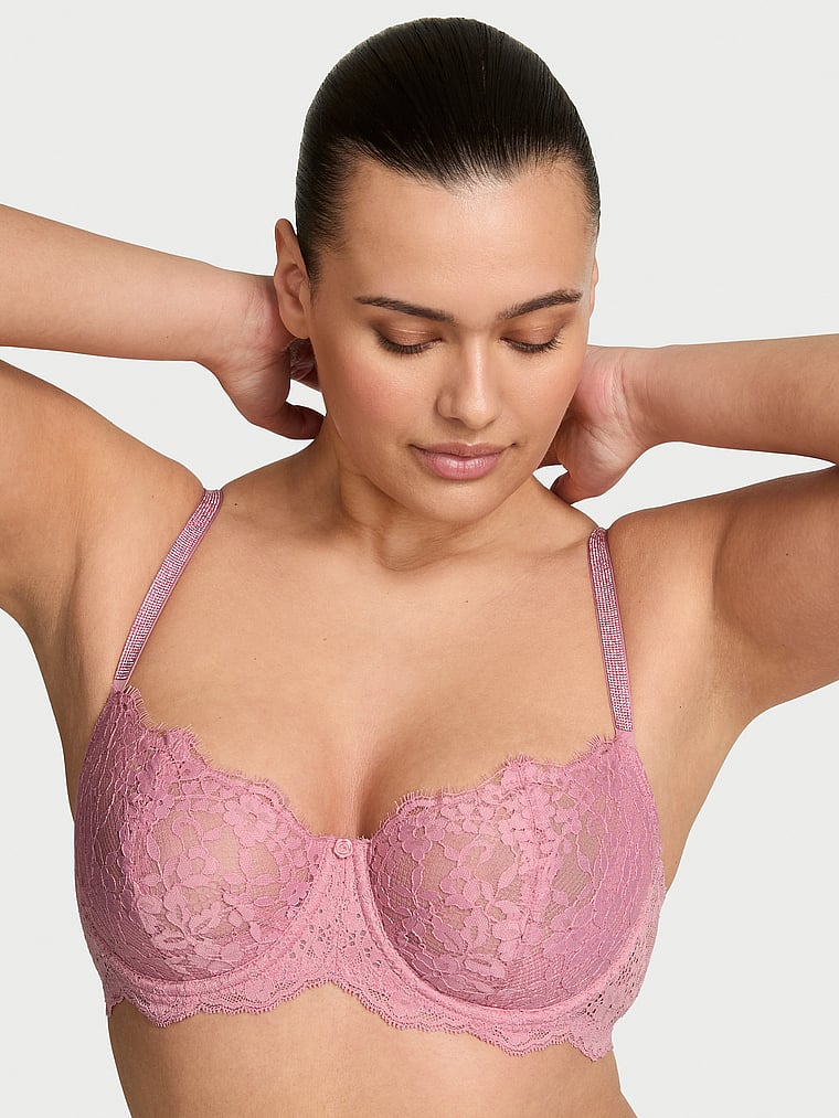 Victoria's Secret, Dream Angels Wicked Unlined Lace Balconette Bra, Dusk Mauve, onModelFront, 2 of 4