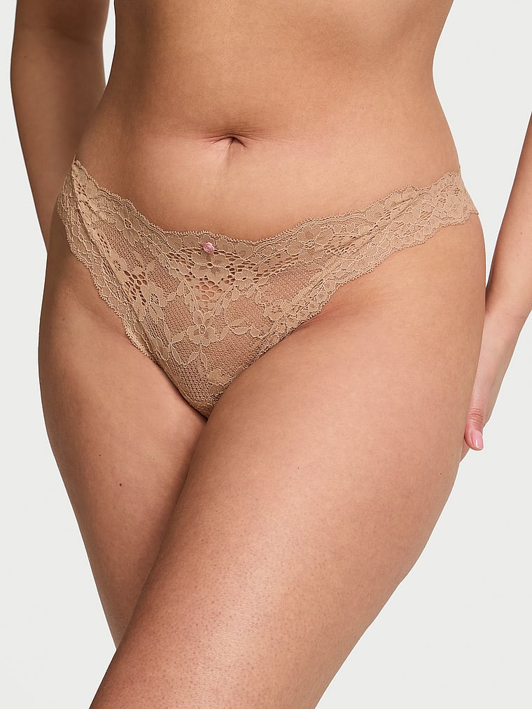 Victoria's Secret, Dream Angels Lace-Trim Adjustable String Bikini Panty, Praline, onModelFront, 2 of 4