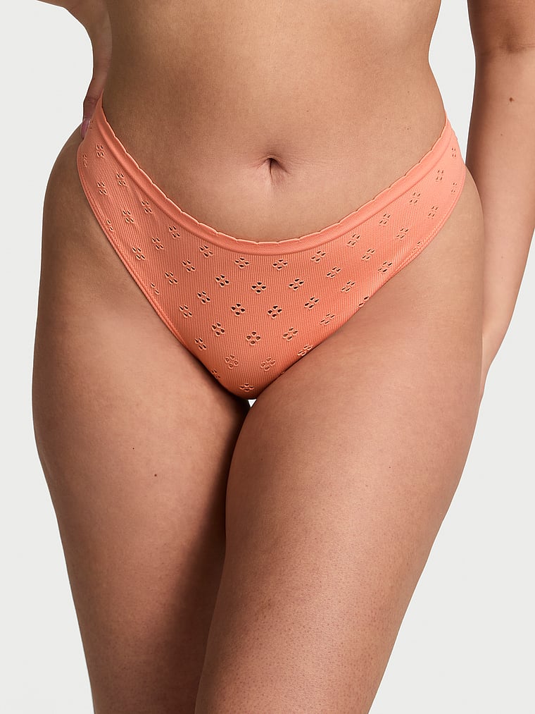 Victoria's Secret, Seamless Seamless Thong Panty, Peach Bellini, onModelFront, 1 of 3 Karmi is 5'10" or 178cm and wears Large