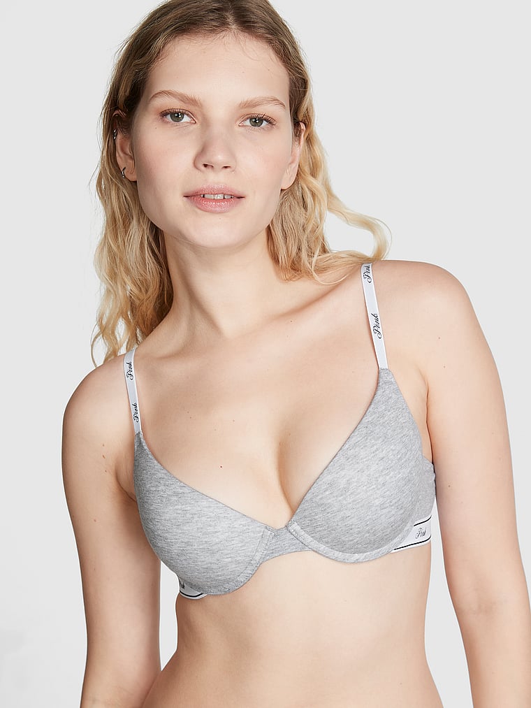 PINK Wear Everywhere Wear Everywhere Push-Up Bra, Medium Heather Grey, onModelFront, 1 of 3 Vanessa is 5'10" or 178cm and wears 32B or Small