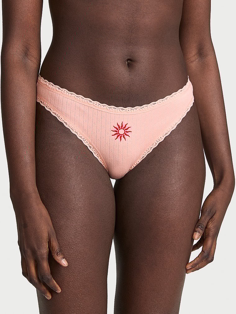 Victoria's Secret, Lace Trim Cotton Pointelle Lace-Waist Bikini, onModelFront, 1 of 3