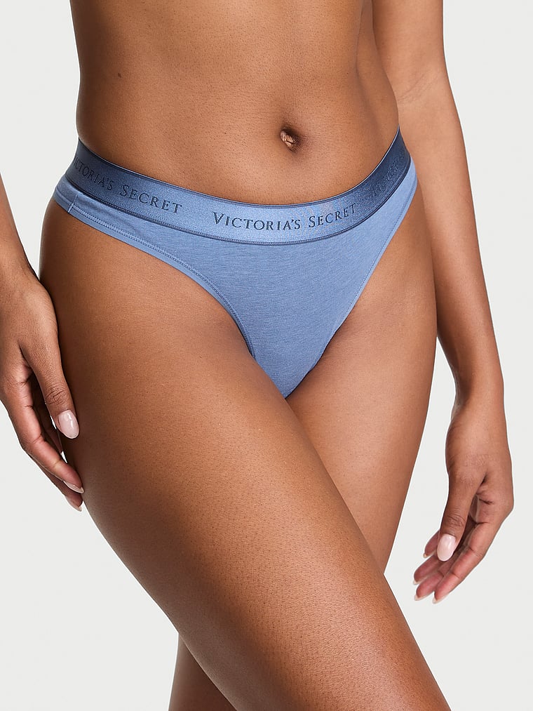 Victoria's Secret, Cotton Logo Cotton Thong Panty, Moonlight Blue, onModelFront, 1 of 3 Tsheca is 5'9" or 175cm and wears Small