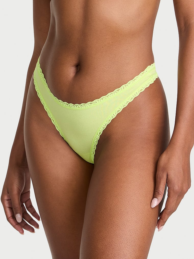 Victoria's Secret, Lace Trim Lace-Waist Cotton Thong Panty, Sparkling Lime, onModelFront, 1 of 3 Tsheca is 5'9" and wears Small